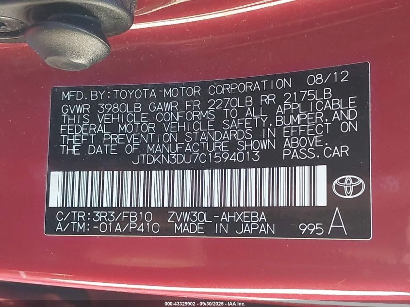 2012 Toyota Prius Two VIN: JTDKN3DU7C1594013 Lot: 43329902