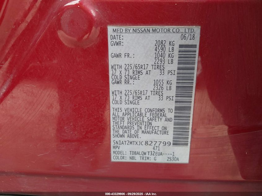 2018 Nissan Rogue Sv VIN: 5N1AT2MTXJC827799 Lot: 43329906