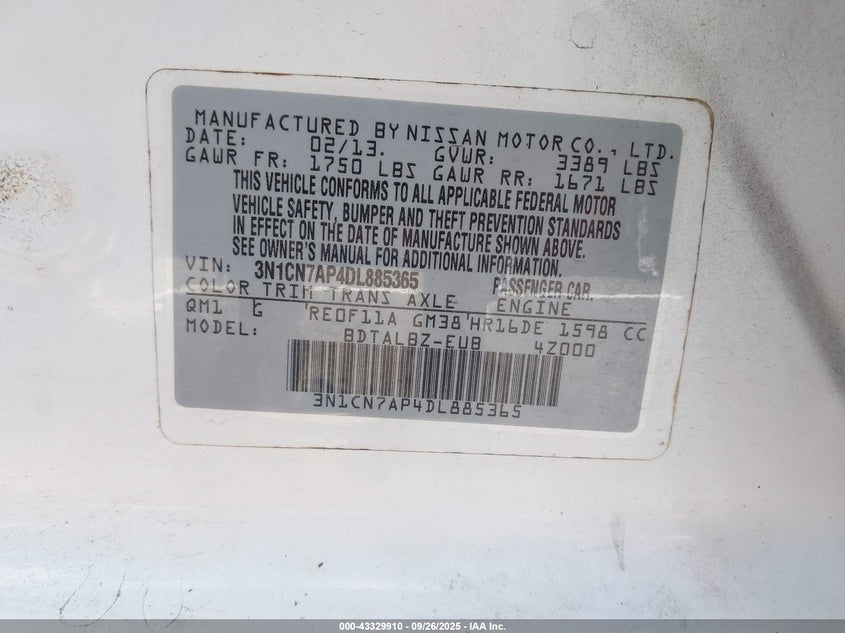 2013 Nissan Versa 1.6 Sv VIN: 3N1CN7AP4DL885365 Lot: 43329910