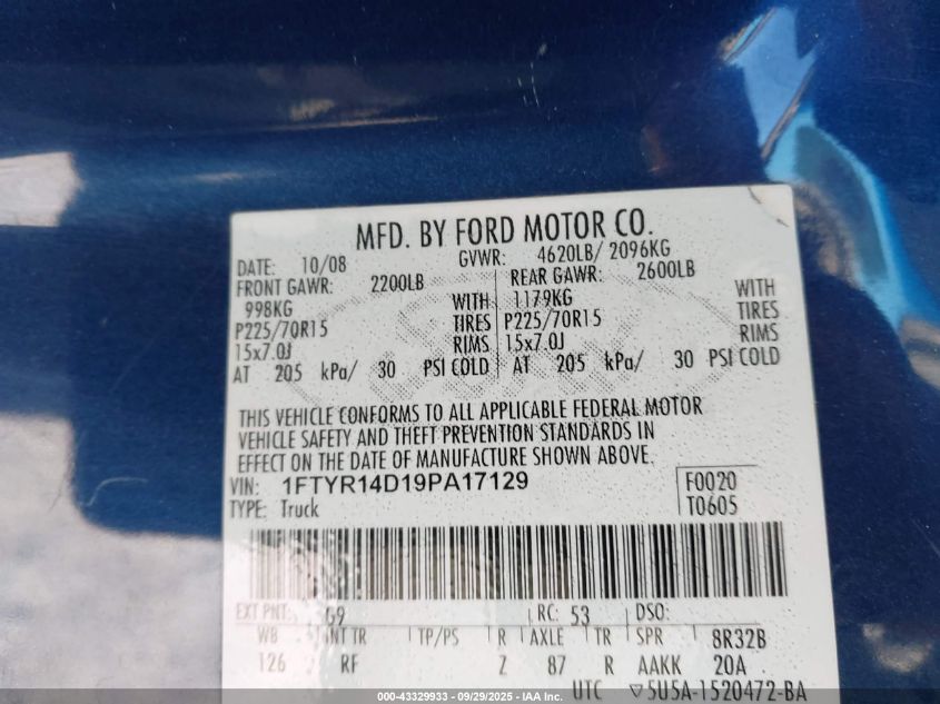 2009 Ford Ranger Xlt VIN: 1FTYR14D19PA17129 Lot: 43329933