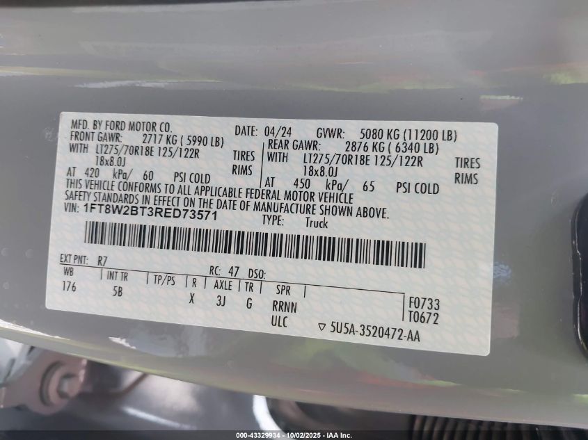 2024 Ford F-250 Lariat VIN: 1FT8W2BT3RED73571 Lot: 43329934