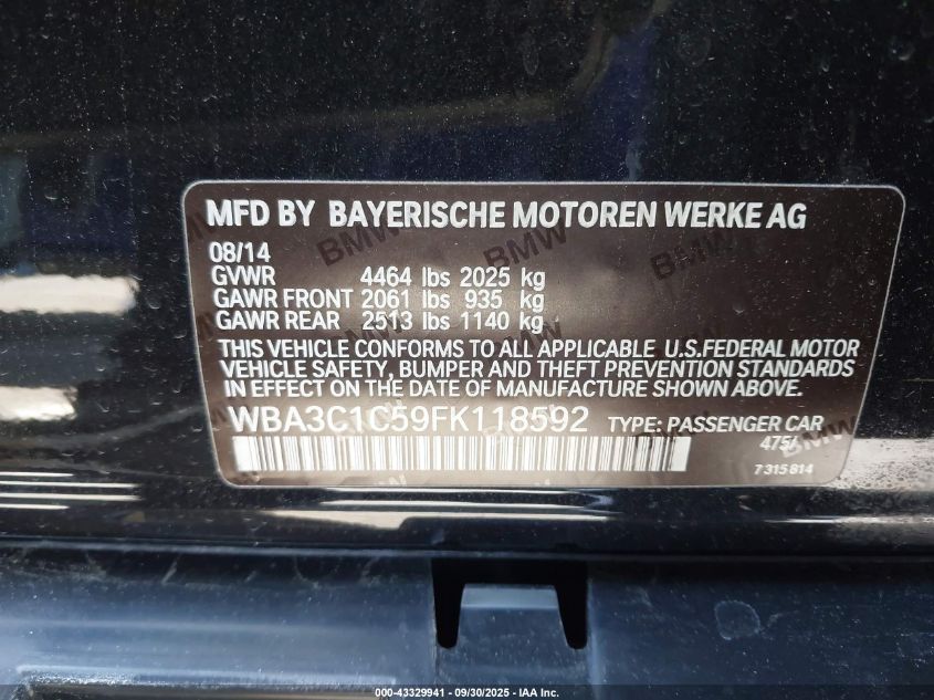 2015 BMW 328I VIN: WBA3C1C59FK118592 Lot: 43329941