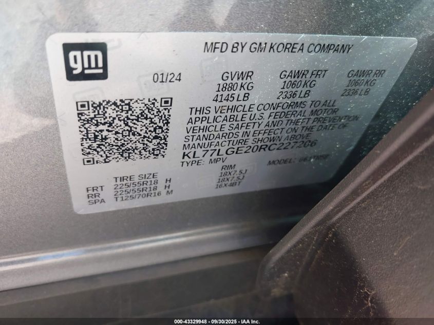 2024 Chevrolet Trax Fwd 1Rs VIN: KL77LGE20RC227206 Lot: 43329948