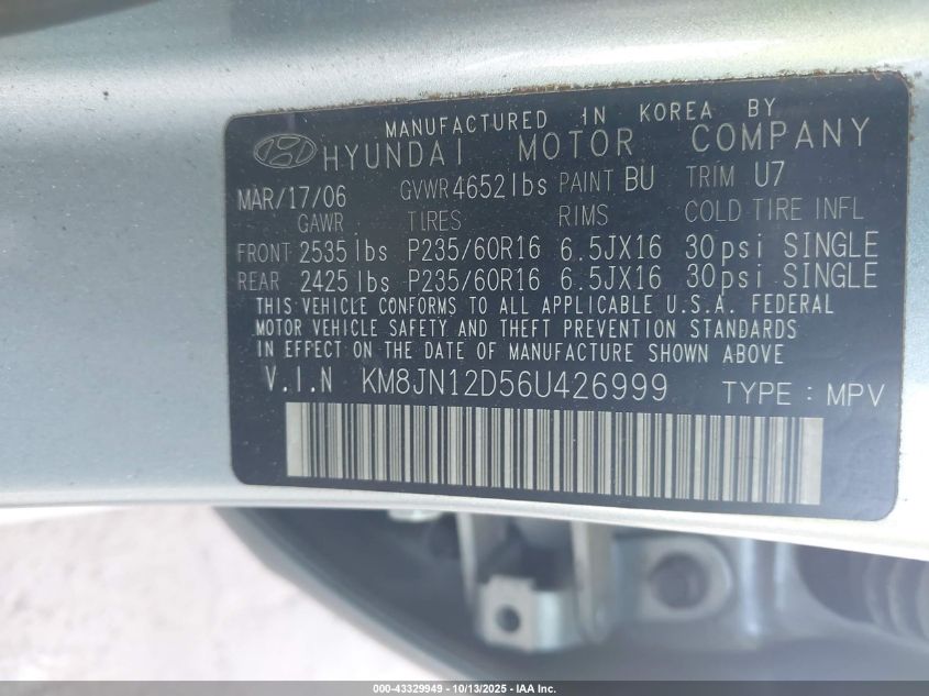 2006 Hyundai Tucson Gls/Limited VIN: KM8JN12D56U426999 Lot: 43329949