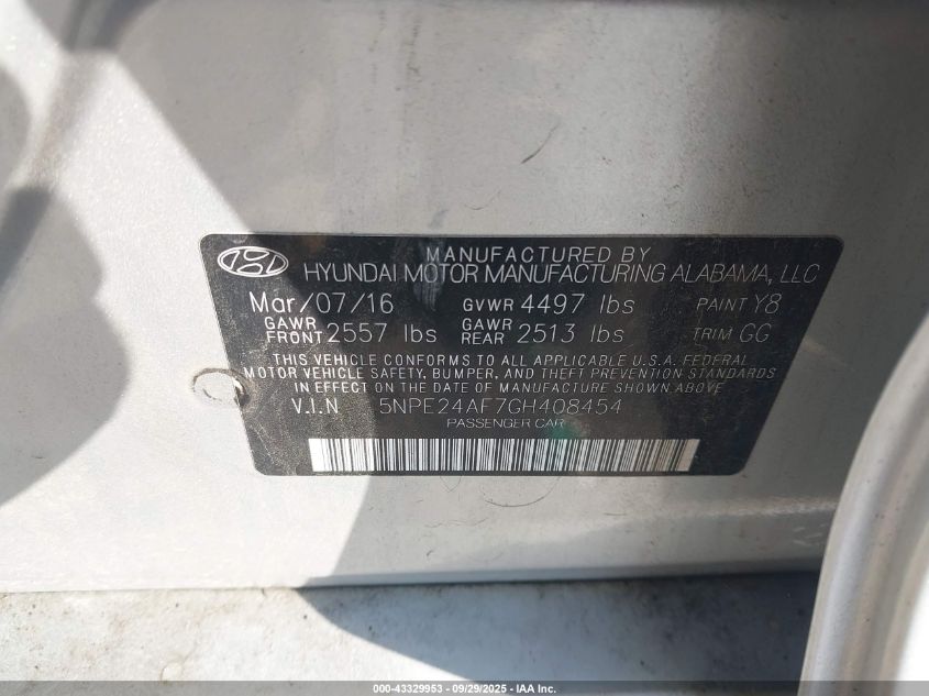 2016 Hyundai Sonata VIN: 5NPE24AF7GH408454 Lot: 43329953