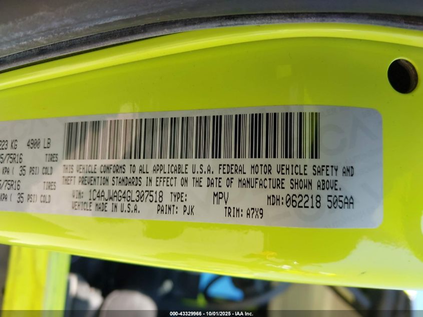 2016 Jeep Wrangler Sport VIN: 1C4AJWAG4GL307518 Lot: 43329966