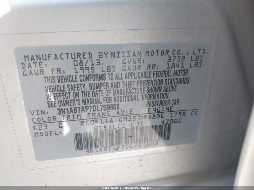 2013 Nissan Sentra S VIN: 3N1AB7AP7DL759808 Lot: 43329981