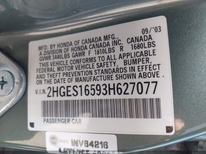 2003 Honda Civic Lx VIN: 2HGES16593H627077 Lot: 43329983