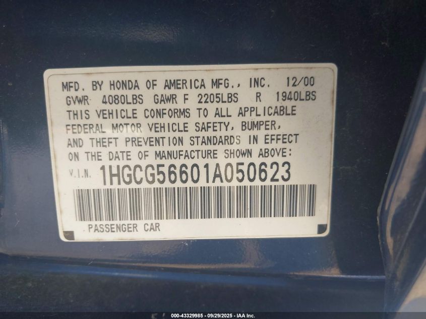 2001 Honda Accord 2.3 Ex VIN: 1HGCG56601A050623 Lot: 43329985