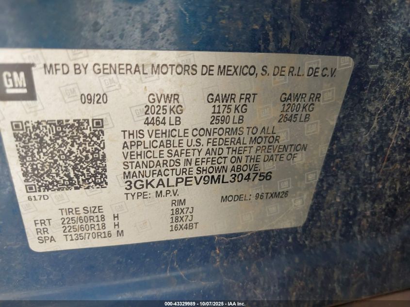 2021 GMC Terrain Fwd Slt VIN: 3GKALPEV9ML304756 Lot: 43329989