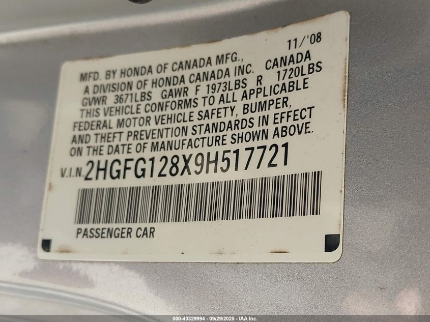 2009 Honda Civic Ex VIN: 2HGFG128X9H517721 Lot: 43329994