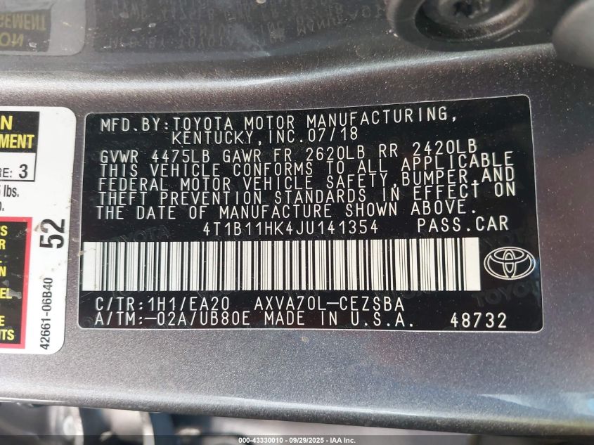 2018 Toyota Camry Se VIN: 4T1B11HK4JU141354 Lot: 43330010