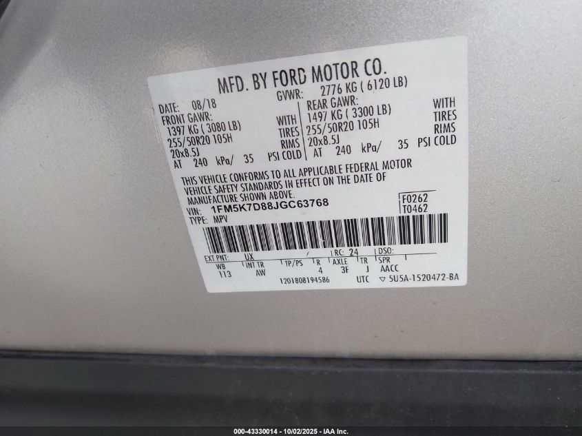 2018 Ford Explorer Xlt VIN: 1FM5K7D88JGC63768 Lot: 43330014