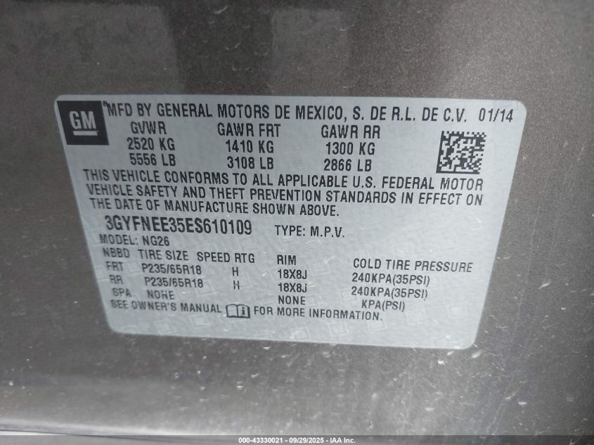 2014 Cadillac Srx Luxury Collection VIN: 3GYFNEE35ES610109 Lot: 43330021