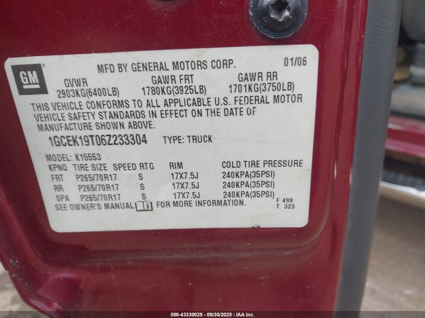 2006 Chevrolet Silverado 1500 Lt1 VIN: 1GCEK19T06Z233304 Lot: 43330025