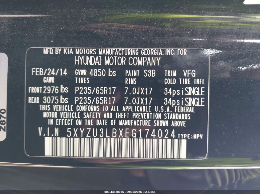 2014 Hyundai Santa Fe Sport 2.4L VIN: 5XYZU3LBXEG174024 Lot: 43330035