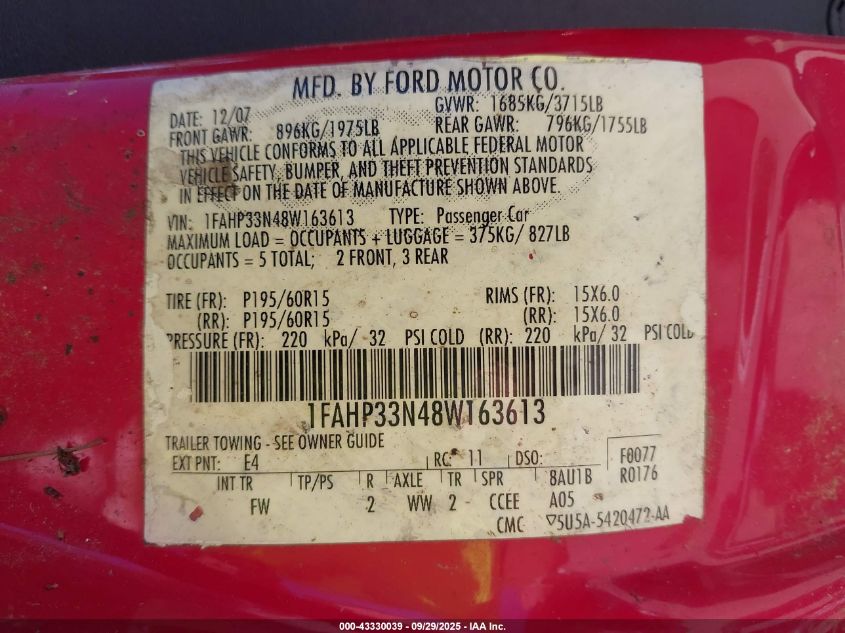 2008 Ford Focus Se/Ses VIN: 1FAHP33N48W163613 Lot: 43330039