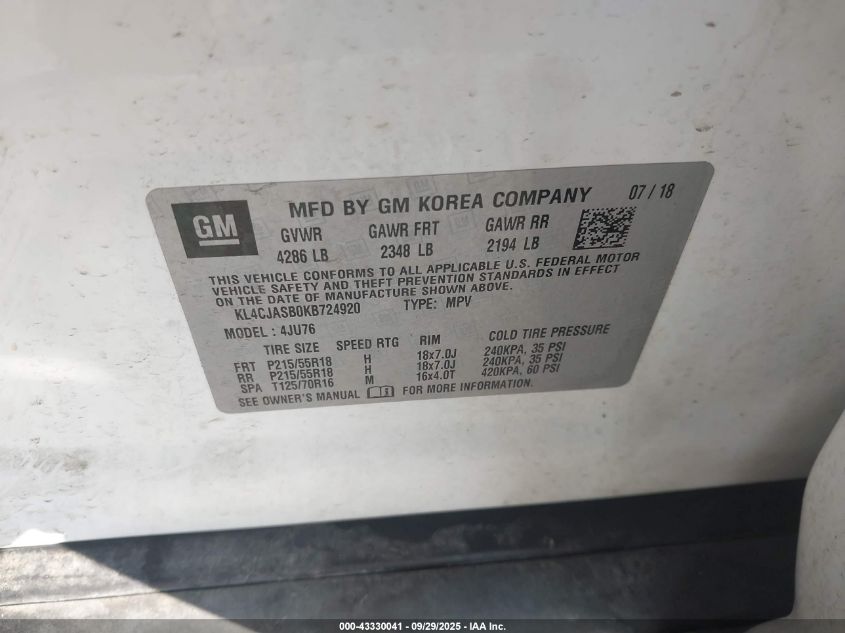 2019 Buick Encore Fwd Preferred VIN: KL4CJASB0KB724920 Lot: 43330041