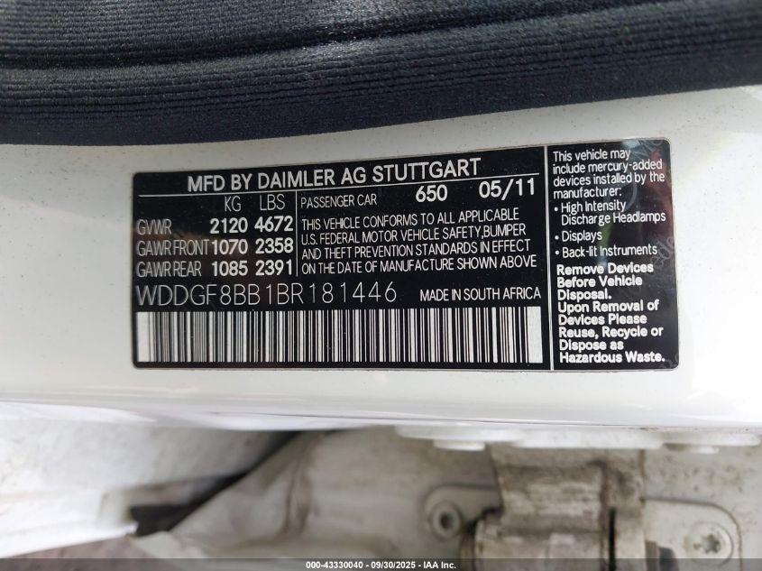 2011 Mercedes-Benz C 300 Sport 4Matic VIN: WDDGF8BB1BR181446 Lot: 43330040