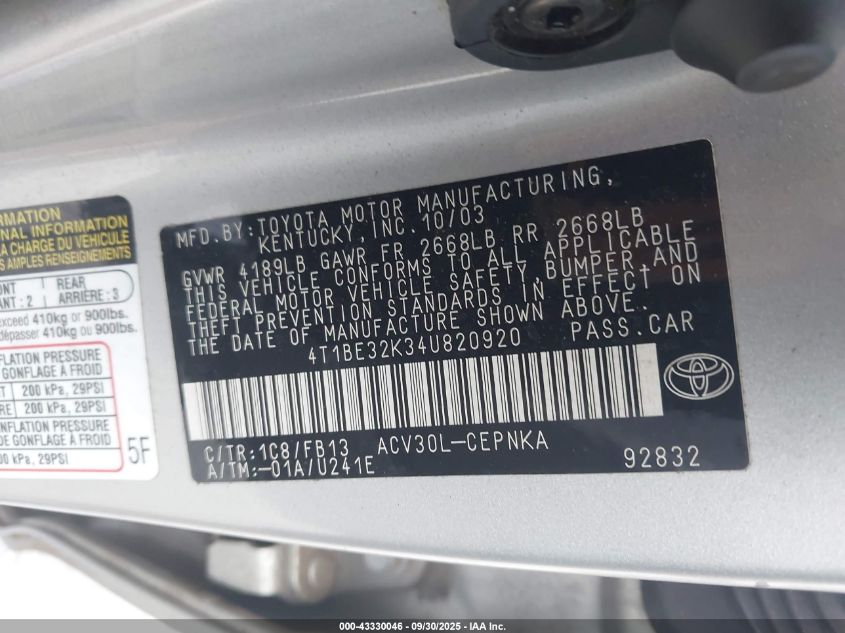 2004 Toyota Camry Le VIN: 4T1BE32K34U820920 Lot: 43330046