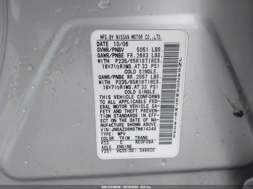 2007 Nissan Murano Sl VIN: JN8AZ08W97W614348 Lot: 43330048