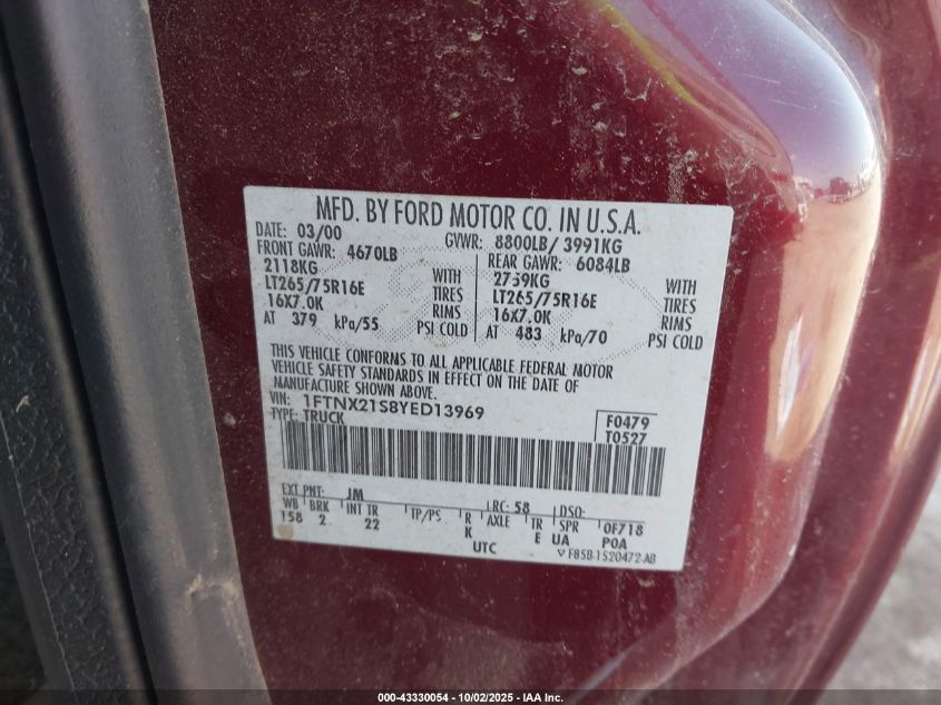 2000 Ford F-250 Lariat/Xl/Xlt VIN: 1FTNX21S8YED13969 Lot: 43330054