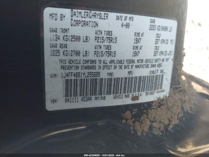 2000 Jeep Cherokee Sport VIN: 1J4FF48S1YL255685 Lot: 43330055