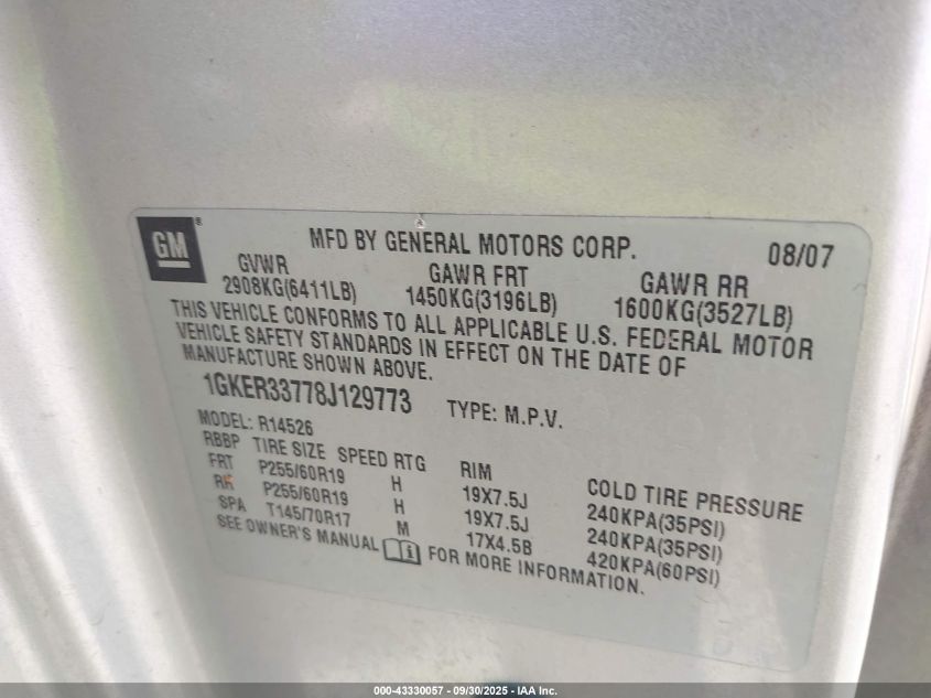 2008 GMC Acadia Slt-2 VIN: 1GKER33778J129773 Lot: 43330057