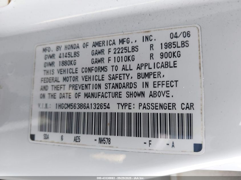 2006 Honda Accord 2.4 Se VIN: 1HGCM56386A132654 Lot: 43330063