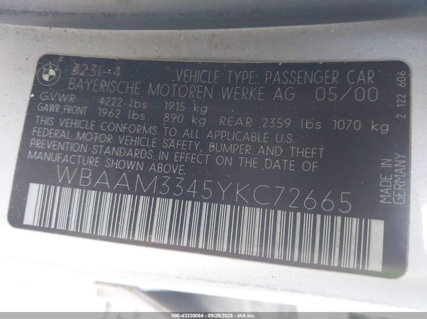 2000 BMW 323I VIN: WBAAM3345YKC72665 Lot: 43330064