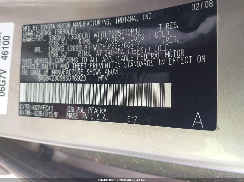 2008 Toyota Sienna Le VIN: 5TDBK23C98S016923 Lot: 43330076