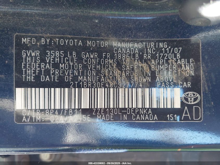 2008 Toyota Corolla Le VIN: 2T1BR30E48C927774 Lot: 43330082