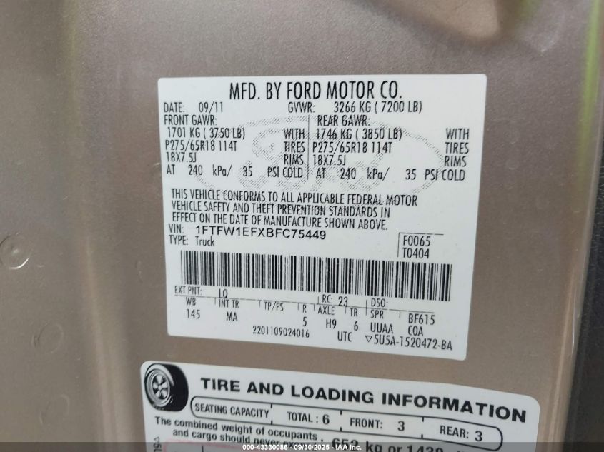 2011 Ford F150 Supercrew VIN: 1FTFW1EFXBFC75449 Lot: 43330086