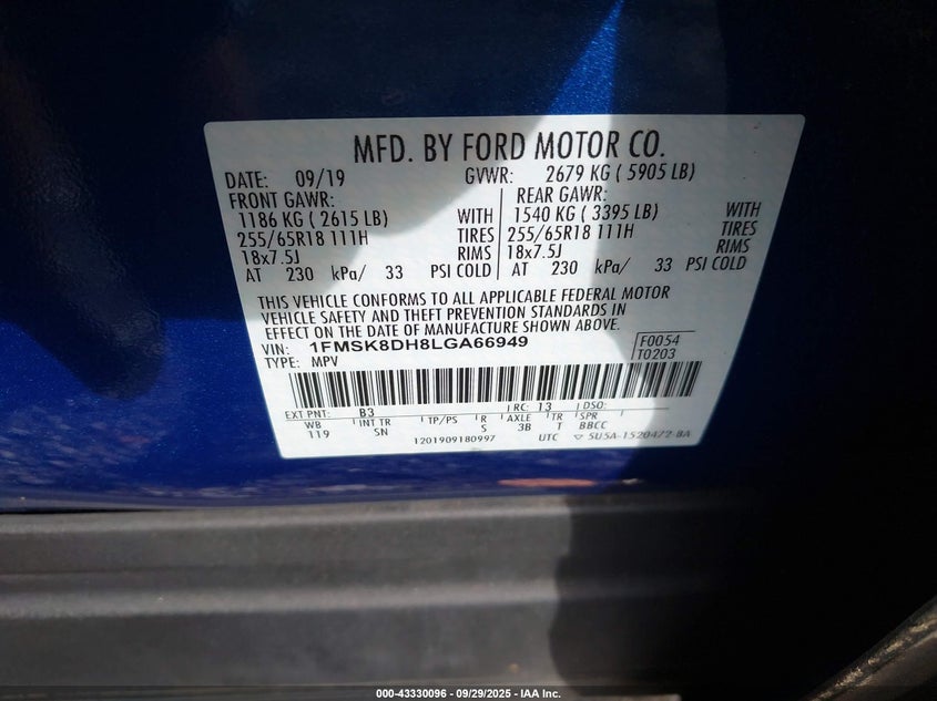 2020 FORD EXPLORER XLT - 1FMSK8DH8LGA66949