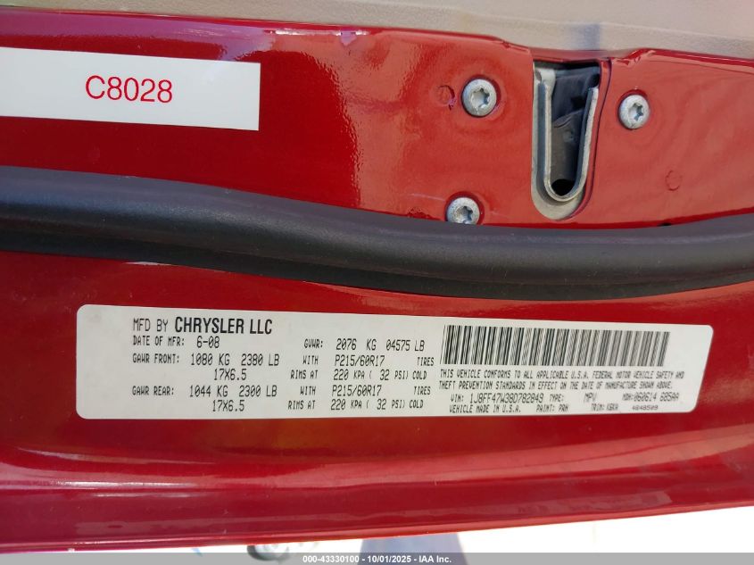 2008 Jeep Compass Sport VIN: 1J8FF47W38D782849 Lot: 43330100