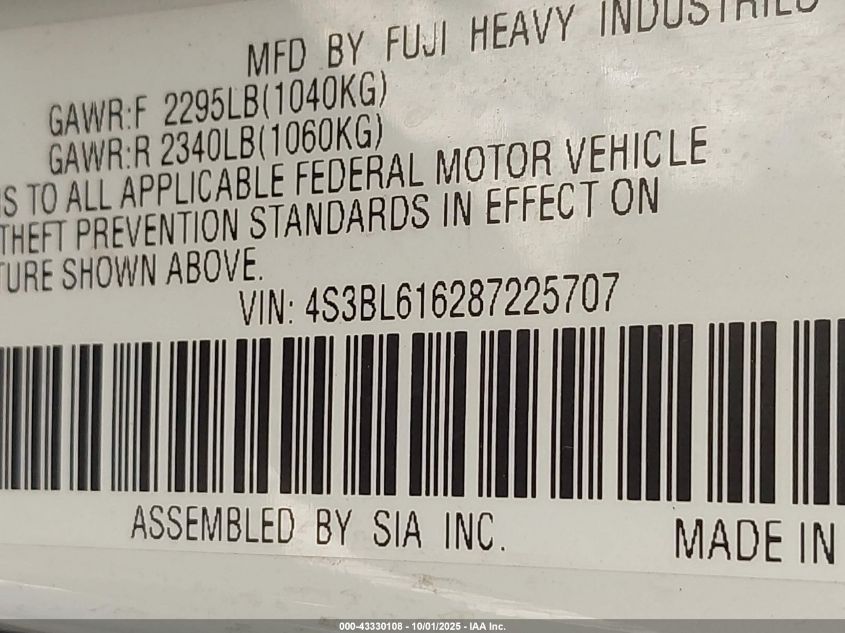 2008 Subaru Legacy 2.5I VIN: 4S3BL616287225707 Lot: 43330108