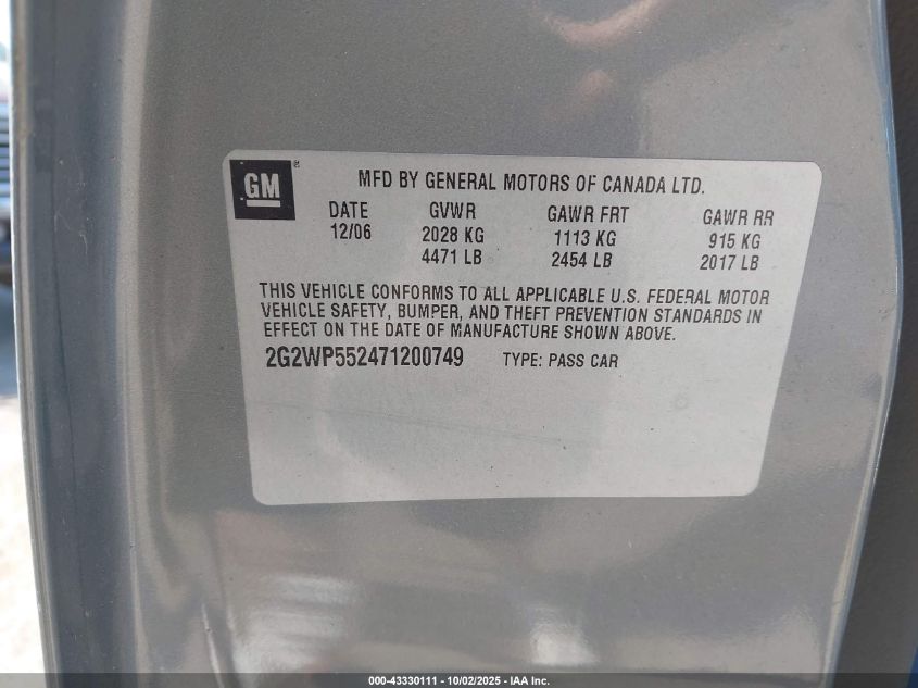2007 Pontiac Grand Prix VIN: 2G2WP552471200749 Lot: 43330111
