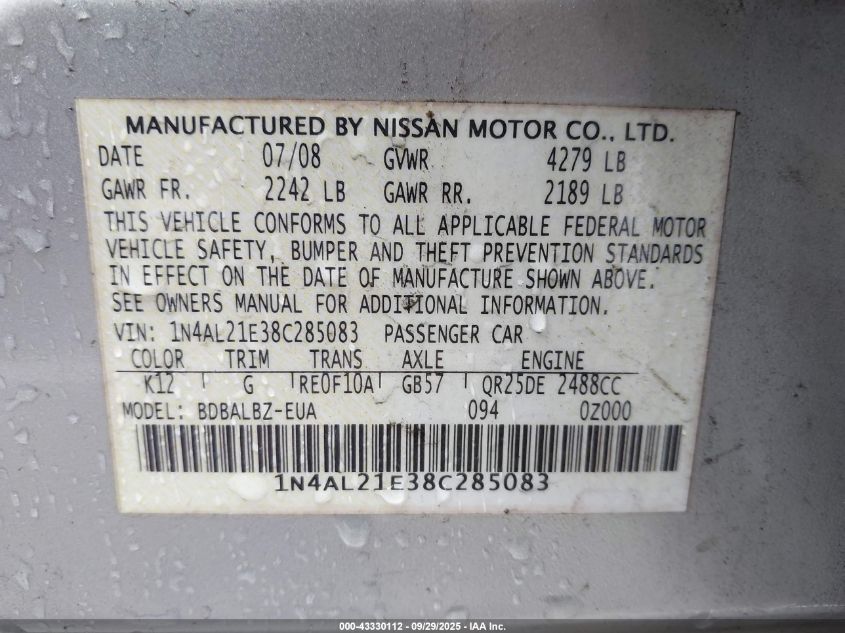 2008 Nissan Altima 2.5 S VIN: 1N4AL21E38C285083 Lot: 43330112