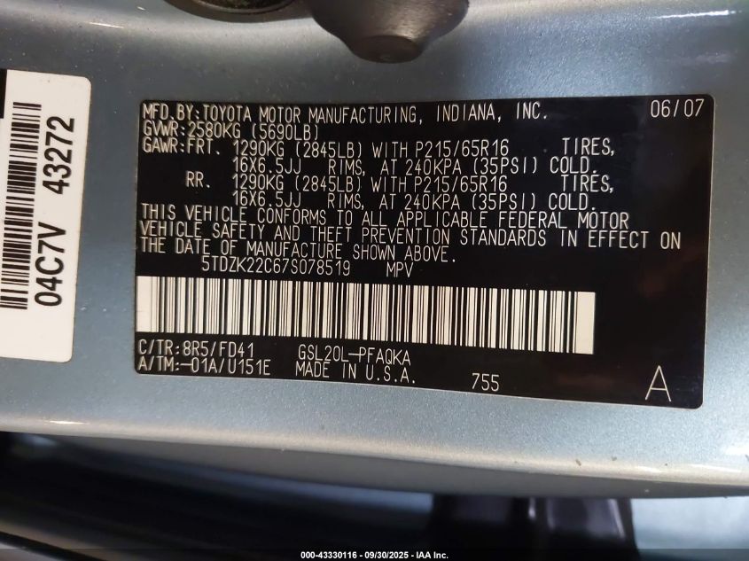 2007 Toyota Sienna Xle VIN: 5TDZK22C67S078519 Lot: 43330116