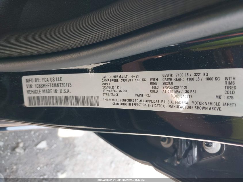 2021 Ram 1500 Lone Star 4X4 5'7 Box VIN: 1C6SRFFT4MN730173 Lot: 43330121