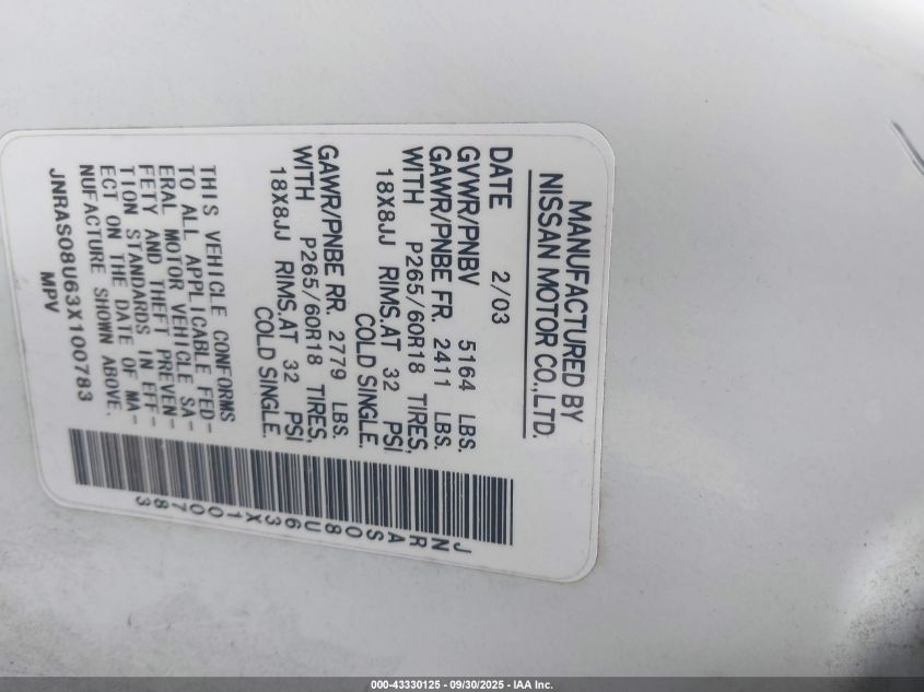 2003 Infiniti Fx35 VIN: JNRAS08UG3X100783 Lot: 43330125