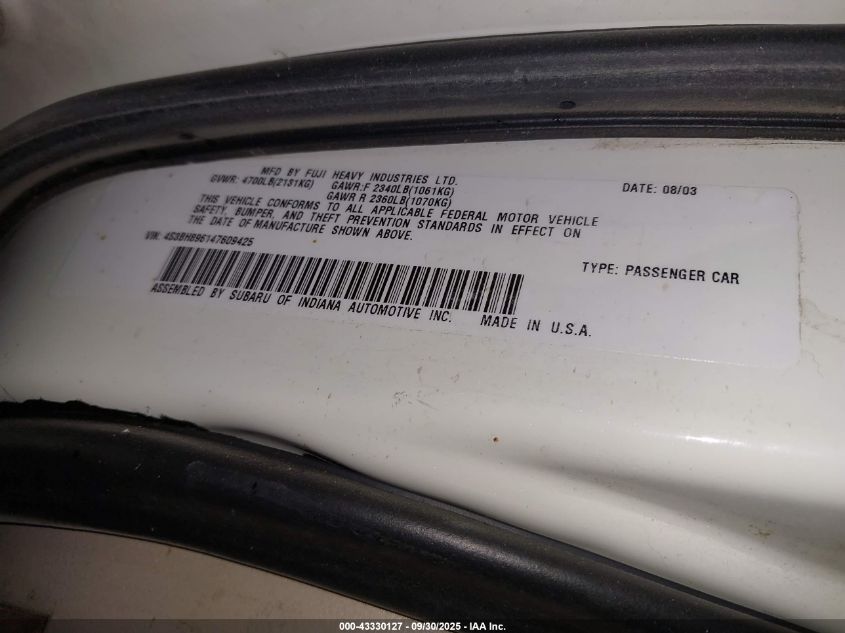 2004 Subaru Outback H6-3.0 Vdc VIN: 4S3BH896147609425 Lot: 43330127