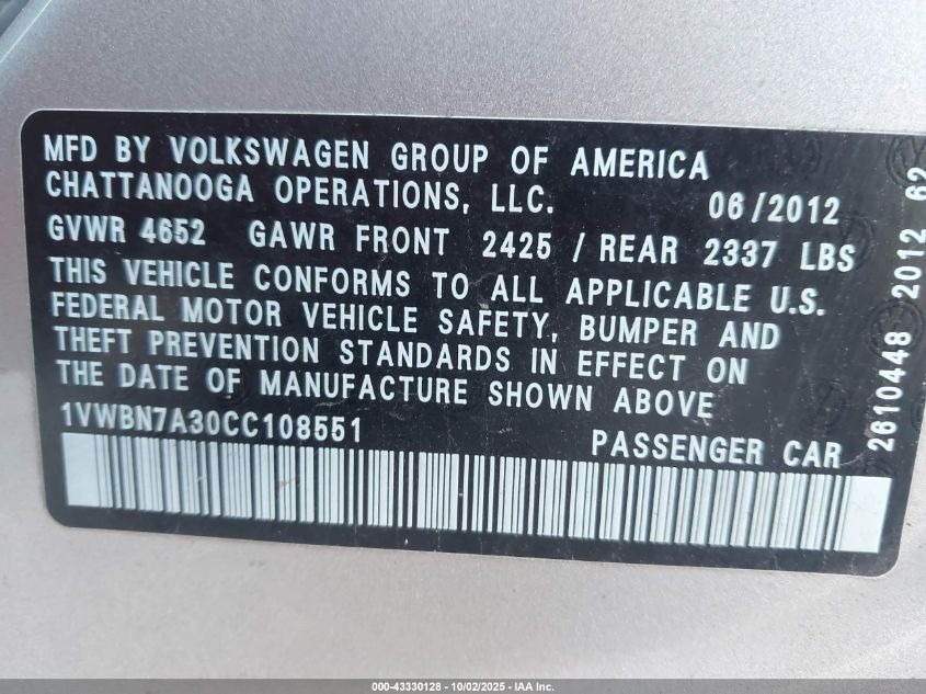 2012 Volkswagen Passat 2.0L Tdi Se VIN: 1VWBN7A30CC108551 Lot: 43330128