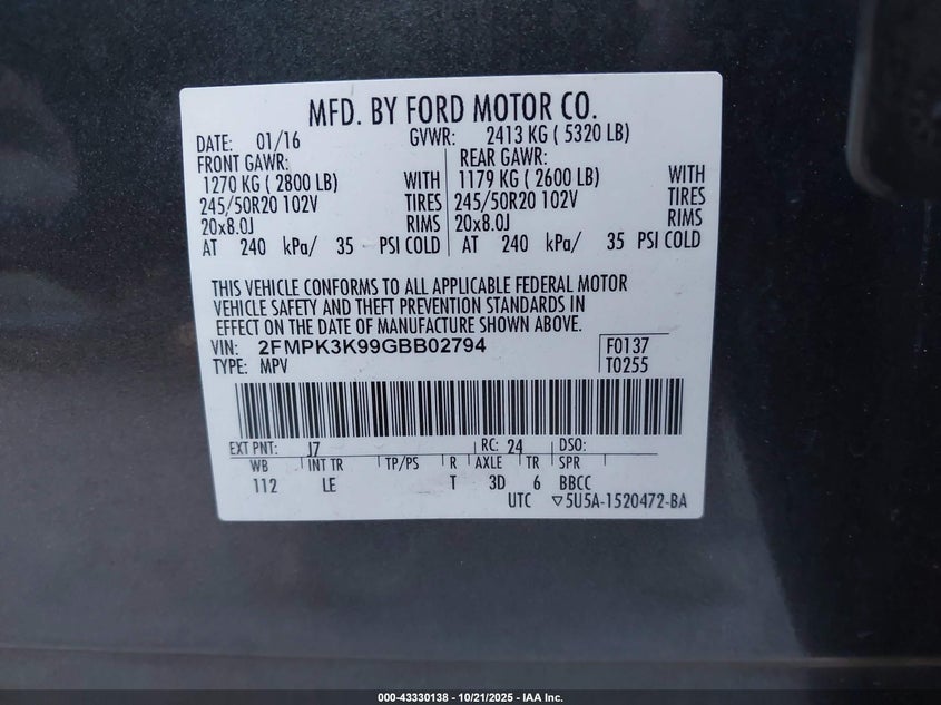 2016 Ford Edge Titanium VIN: 2FMPK3K99GBB02794 Lot: 43330138