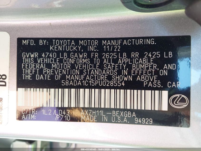 2023 Lexus Es 300H VIN: 58ADA1C15PU028554 Lot: 43330145