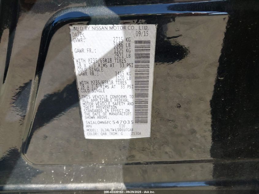 2015 Infiniti Qx60 VIN: 5N1AL0MN6FC547035 Lot: 43330163