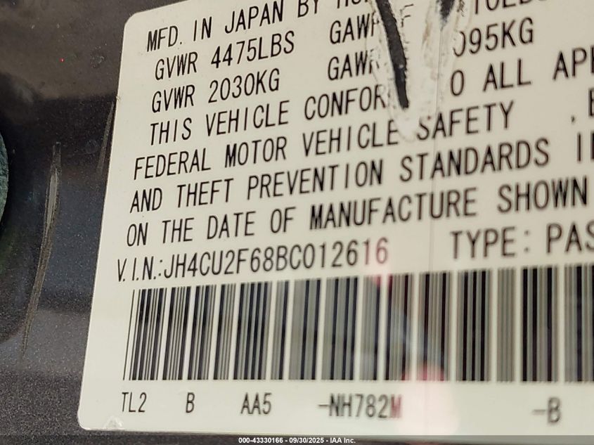 2011 Acura Tsx 2.4 VIN: JH4CU2F68BC012616 Lot: 43330166