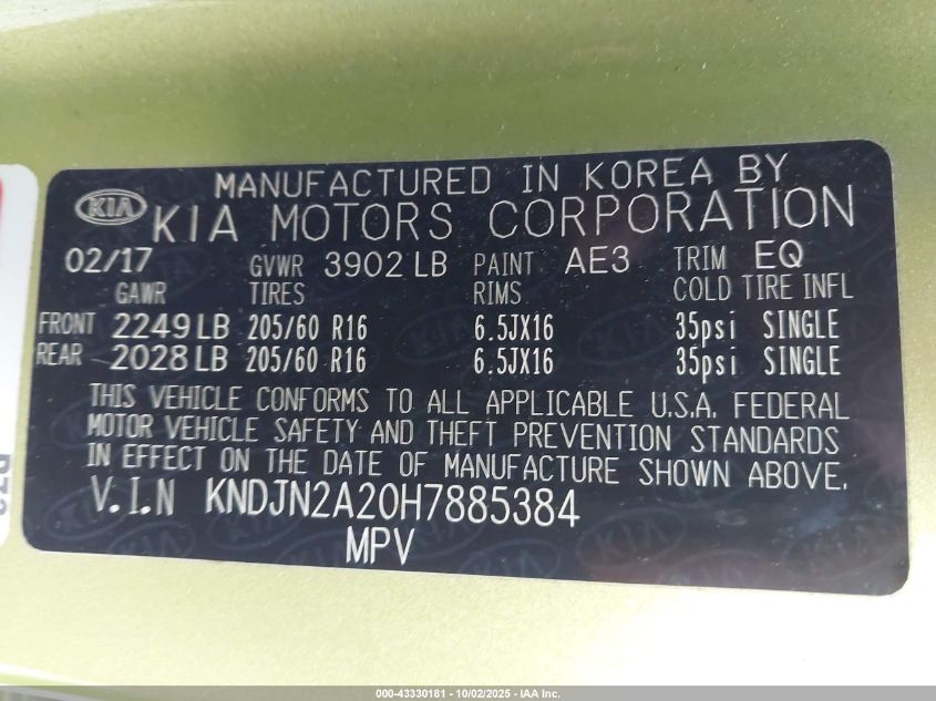 2017 Kia Soul VIN: KNDJN2A20H7885384 Lot: 43330181