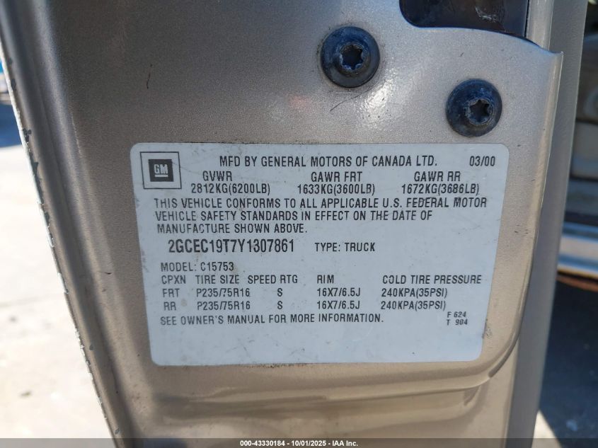 2000 Chevrolet Silverado 1500 Ls VIN: 2GCEC19T7Y1307861 Lot: 43330184