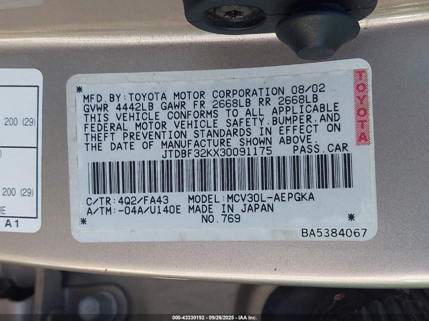 2003 Toyota Camry Xle V6 VIN: JTDBF32KX30091175 Lot: 43330192